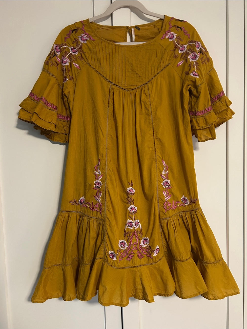 Anthropologie Mustard Yellow Embroidered Ruffle Mini Dress